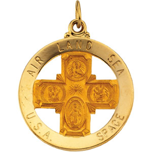 St. Christopher 4-Way Air Land Sea Medal, 25 mm, 14K Yellow Gold - Click Image to Close