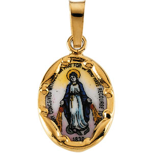 Porcelain Miraculous Medal, 13 x 10 mm, 14K Yellow Gold - Click Image to Close