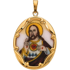 Porcelain Sacred Heart Medal, 25 x 19.50 mm, 14K Yellow Gold - Click Image to Close