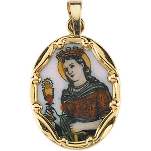 St. Barbara Porcelain Medal, 17 x 13.50 mm, 14K Yellow Gold - Click Image to Close