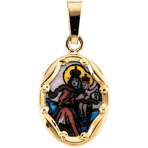 Porcelain Scapular Medal, 13 x 10 mm, 14K Yellow Gold - Click Image to Close