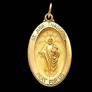 St. Jude Thaddeus Medal, 19 x 13 mm, 14K Yellow Gold - Click Image to Close