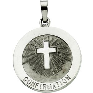 Confirmation Medal with Cross, 12 mm, 14K White Gold - Click Image to Close