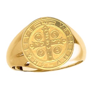 St. Benedict Cross Ring. 14k gold, 18.5 mm round top - Click Image to Close