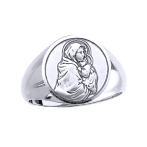 Madonna and Child Sterling Silver Ring, 18 mm round top - Click Image to Close
