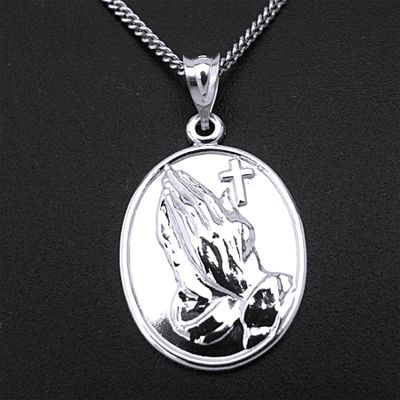 Praying Hands Cross Pendant, Sterling & 18” Chain - Click Image to Close