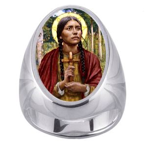 St. Kateri Tekakwitha Charm Gem Sterling Ring - Click Image to Close