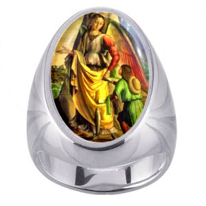 St Raphael with Tobias Charm Gem Sterling Ring - Click Image to Close