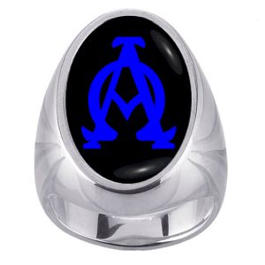 Alpha Omega Blue Symbol on Black Charm Gem Sterling Ring - Click Image to Close