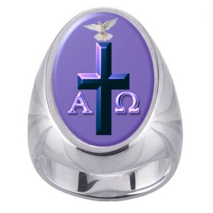 Violet Alpha Omega Holy Spirit Cross Charm Gem Sterling Ring - Click Image to Close