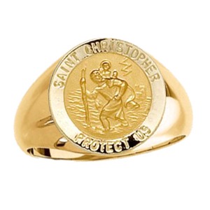 St. Christopher Ring. 14k gold, 18 mm round top - Click Image to Close