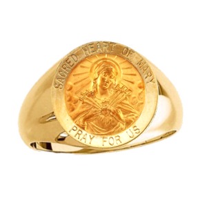 Sacred Heart of Mary Ring. 14k gold, 15 mm round top - Click Image to Close