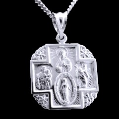 Sterling Silver 4 Way Medal with Floral Corners & 18" Chain. - Click Image to Close