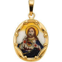Porcelain Sacred Heart Medal, 17 x 13.50 mm, 14K Yellow Gold