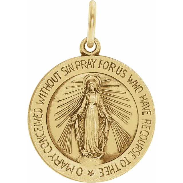 14K Yellow Gold, 18 mm Round Miraculous Mary Medal (image for) 14K Yellow Gold, 18 mm Round Miraculous Mary Medal