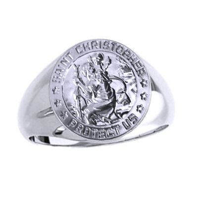 St. Christopher Sterling Silver Ring, 15mm round top - Click Image to Close