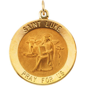 St. Luke Medal, 15 mm, 14K Yellow Gold - Click Image to Close