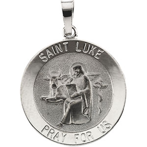 St. Luke Medal, 15 mm, 14K White Gold - Click Image to Close