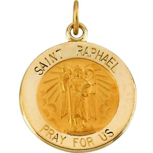 St. Raphael Medal, 15 mm, 14K Yellow Gold - Click Image to Close