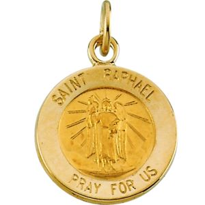 St. Raphael Medal, 12 mm, 14K Yellow Gold - Click Image to Close