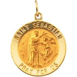St. Sebastian Medal, 18 mm, 14K Yellow Gold - Click Image to Close