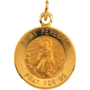 St. Peregrine Medal, 15 mm, 14K Yellow Gold - Click Image to Close