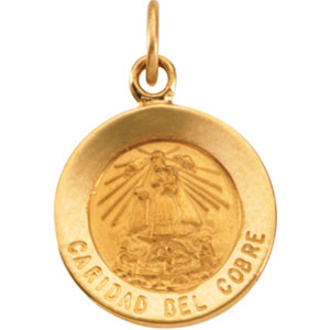 Caridad Del Cobre Medal, 15 mm, 14K Yellow Gold - Click Image to Close