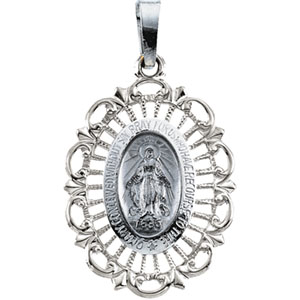 Miraculous Medal, 22 x 15.50 mm, 14K White Gold - Click Image to Close