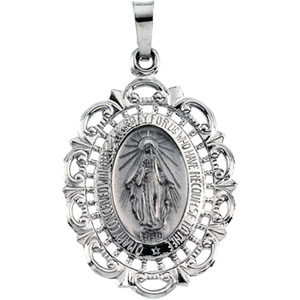 Miraculous Medal, 25 x 18 mm, 14K White Gold - Click Image to Close
