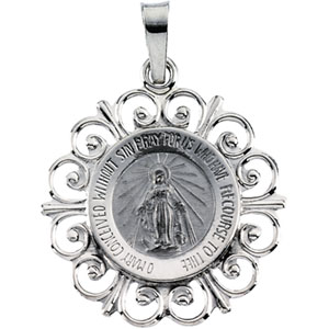 Miraculous Medal, 20 x 18 mm, 14K White Gold - Click Image to Close