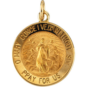 Immaculate Conception Medal, 18 mm, 14K Yellow Gold - Click Image to Close