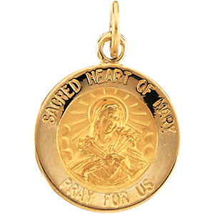 Sacred Heart of Mary Medal, 15 mm, 14K Yellow Gold - Click Image to Close