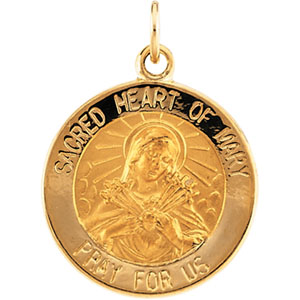 Sacred Heart of Mary Medal, 22 mm, 14K Yellow Gold - Click Image to Close