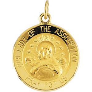 Lady of Assumption Medal, 15 mm, 14K Yellow Gold - Click Image to Close