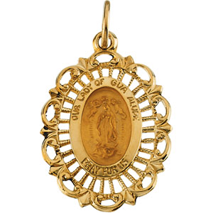 Lady of Guadalupe Medal, 21.50 x 15 mm, 14K Yellow Gold - Click Image to Close