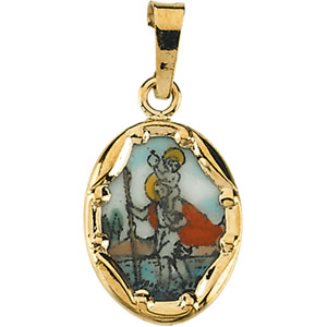Porcelain St.Christopher Medal, 13 x 10 mm, 14K Yellow Gold - Click Image to Close
