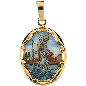 Porcelain St.Christopher Medal, 17 x 13.50 mm, 14K Yellow Gold - Click Image to Close