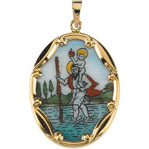 Porcelain St.Christopher Medal, 25 x 19.50 mm, 14K Yellow Gold - Click Image to Close