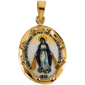 Porcelain Miraculous Medal, 17 x 13.50 mm, 14K Yellow Gold - Click Image to Close