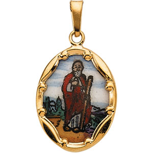 Porcelain St. Jude Medal, 17 x 13.50 mm, 14K Yellow Gold - Click Image to Close