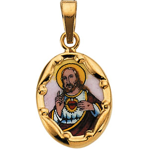 Porcelain Sacred Heart Medal, 13 x 10 mm, 14K Yellow Gold - Click Image to Close