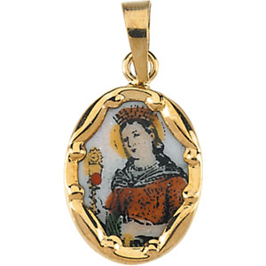 St. Barbara Porcelain Medal, 13 x 10 mm, 14K Yellow Gold - Click Image to Close