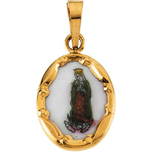 Porcelain Lady of Guadalupe Medal, 17 x 13 mm, 14K Yellow Gold - Click Image to Close