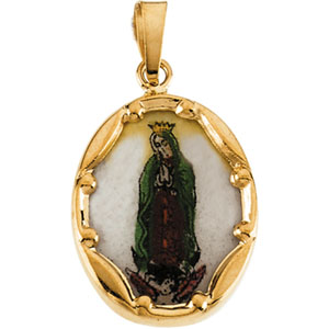 Porcelain Lady of Guadalupe Medal, 13 x 10 mm, 14K Yellow Gold - Click Image to Close