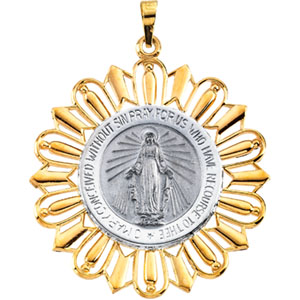 Miraculous Medal, 34 x 31 mm, 14K White & Yellow Gold - Click Image to Close