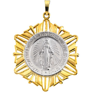 Miraculous Medal, 32.50 x 27.50 mm, 14K White & Yellow Gold - Click Image to Close