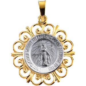 Miraculous Medal, 20 x 18 mm, 14K White & Yellow Gold - Click Image to Close
