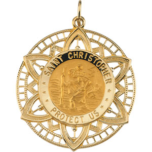 St. Christopher Medal, 32 x 28.50 mm, 14K Yellow Gold - Click Image to Close