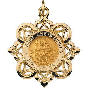 St. Christopher Medal, 28.50 x 26 mm, 14K Yellow Gold - Click Image to Close
