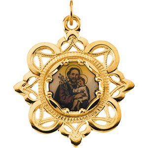 St. Joseph Framed Porcelain Medal., 26 mm, 10K Yellow Gold - Click Image to Close